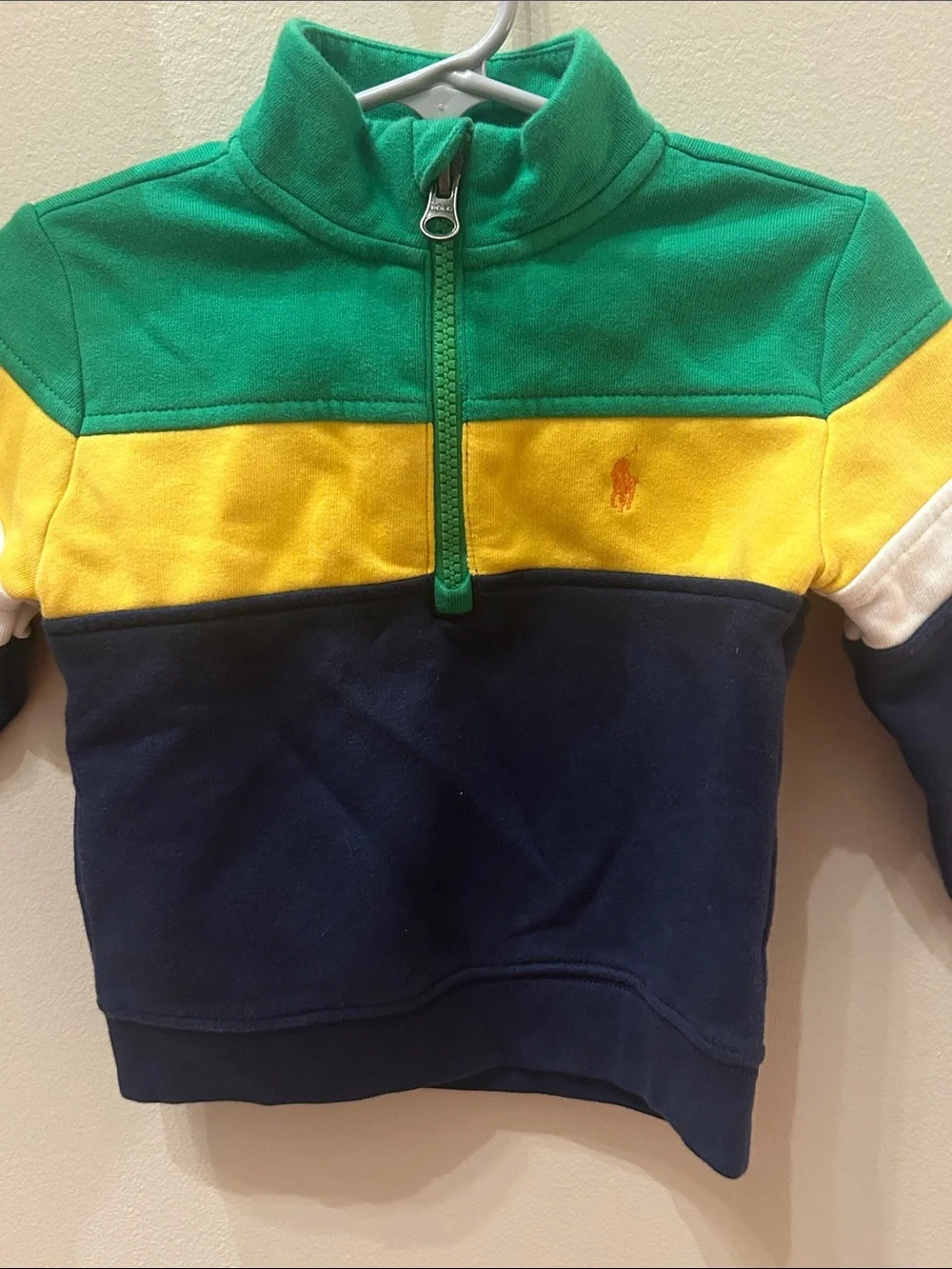 Ralph Lauren Toddler Boy Colorblock Quarter Zip Sweatshirt 18M Navy Green Yellow